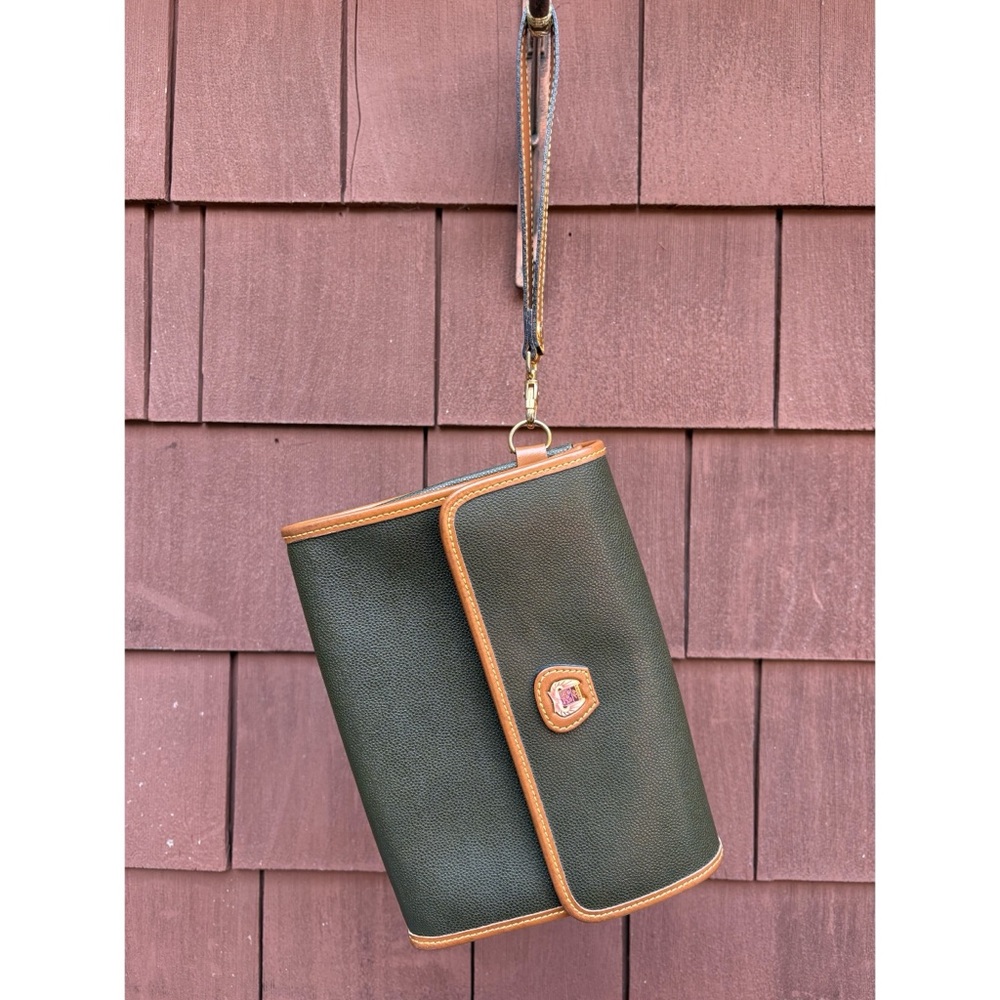 Lancel olive Green and Tan Leather clutch Handbag